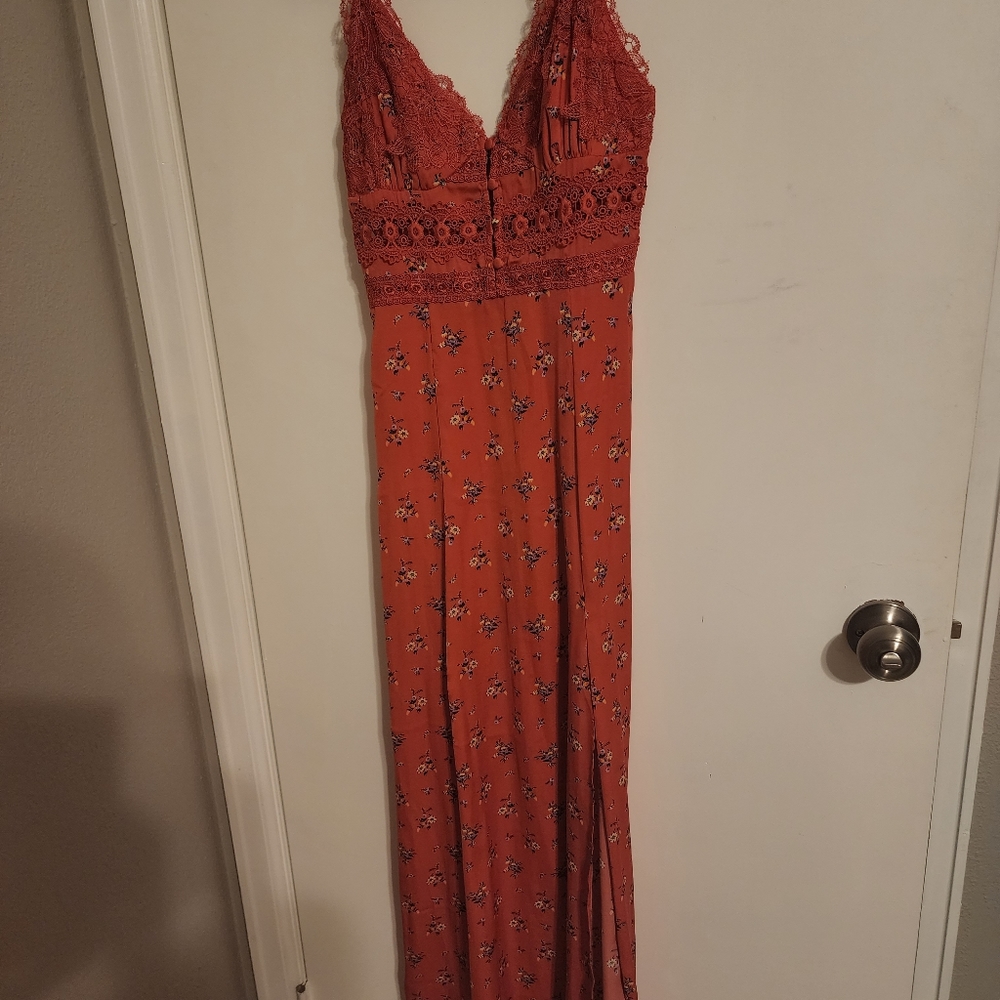 Free People red floral front slit maxi dress/slip -XS